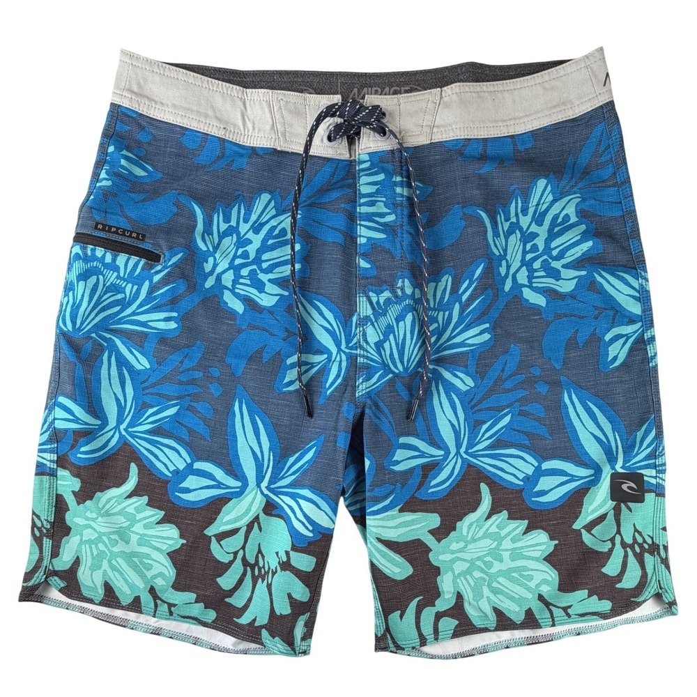 Rip Curl Mirage Board Shorts Mens 32 Blue Teal Floral Tropical Surf Trunks 8 In